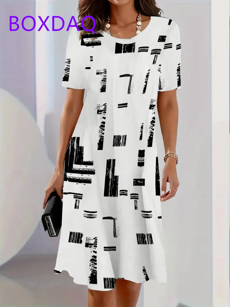 Geometric Stripe Printed Short Sleeve O-Neck Dress