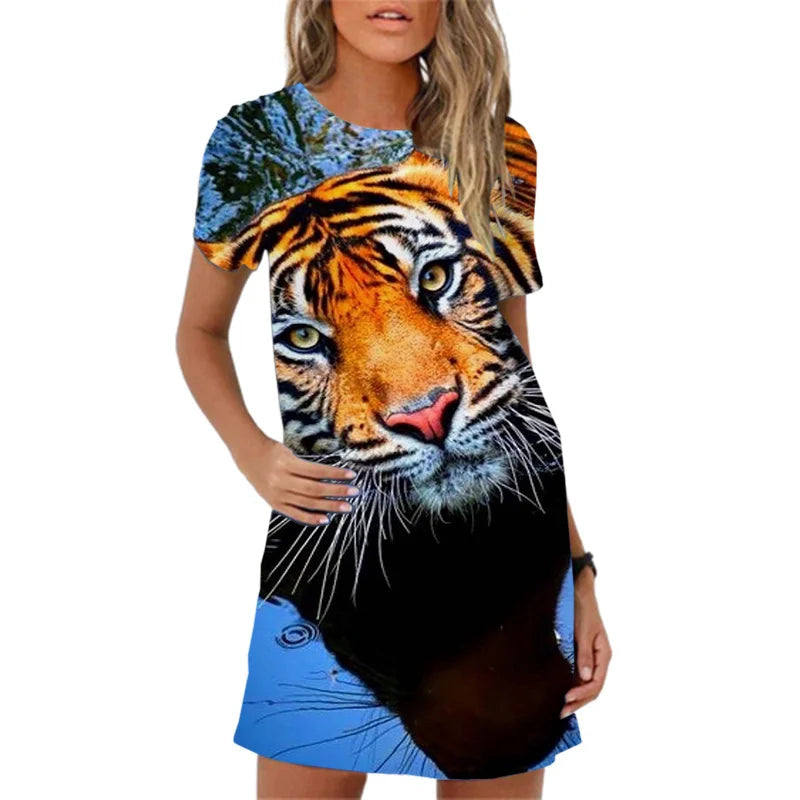 Tiger Pattern Printing Short Sleeve  Summer  Mini Dress