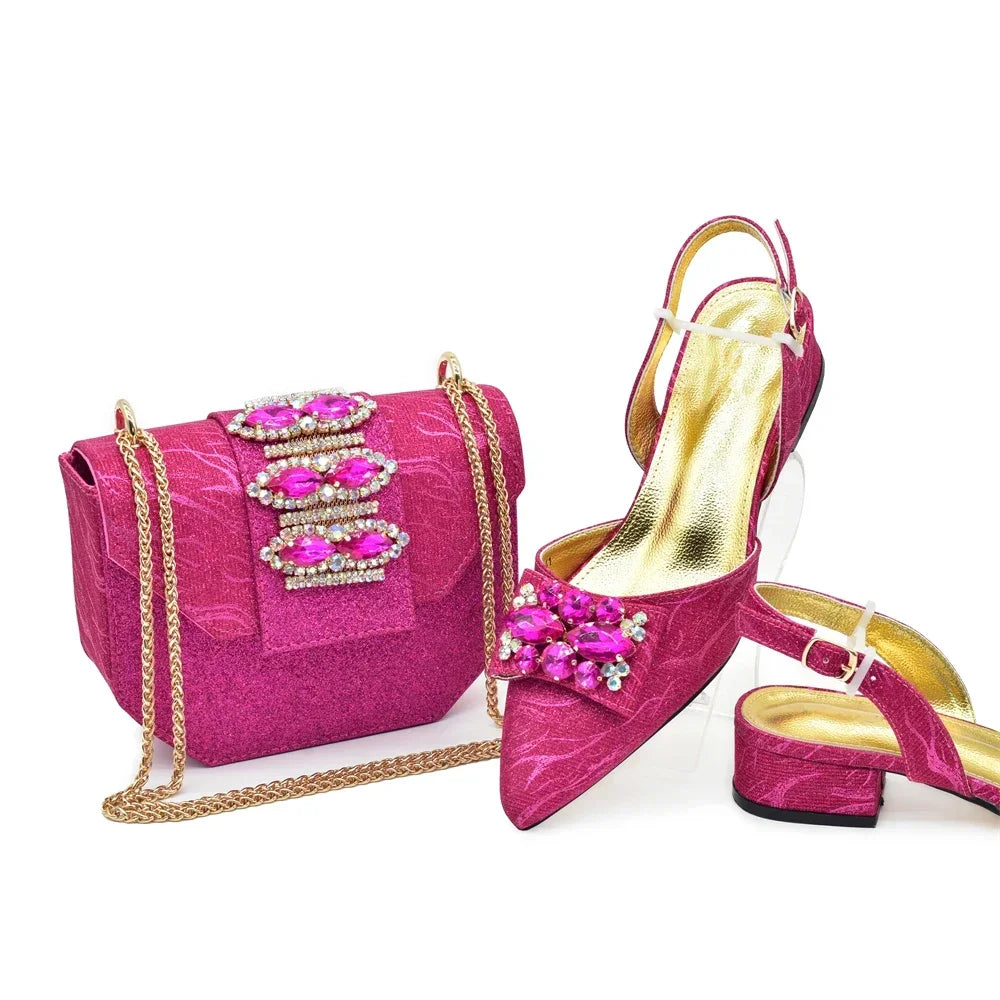 Latest Party Shoes and Bags To Match  Pointed Toe Rhinestone Shoe and Bag Set for Wedding