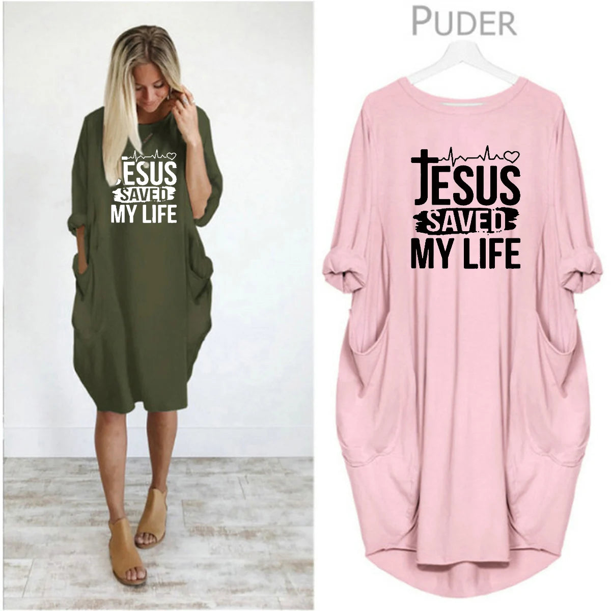 JESUS SAVED MYLIFE Print Round Neck Long Sleeve Pocket Comfortable Dress