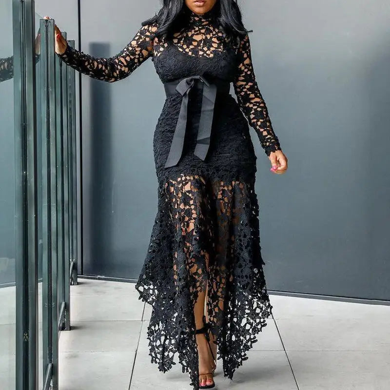 French Lace Bubble Sleeves Waist Cinching Slimming Dress Elegant Long Dress