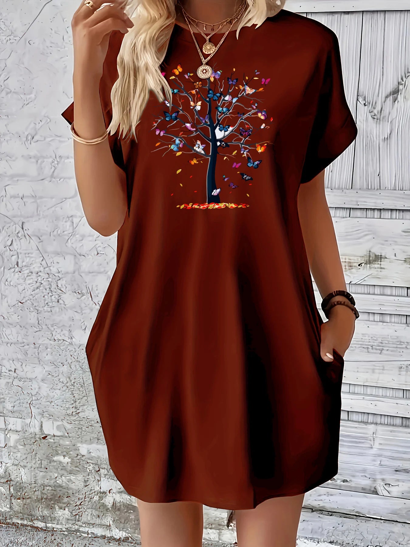 Butterfly tree pattern printed round neck short sleeved pocket comfortable Dress