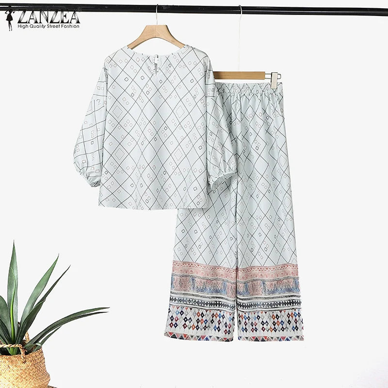 2pcs Outfit Wide Leg Pant Long Sleeve Blouse Trouser Suits