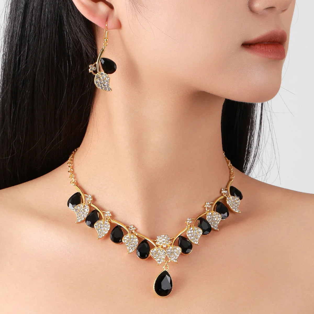 Blue Water Drop Full Diamond Leaf Necklace And Earrings