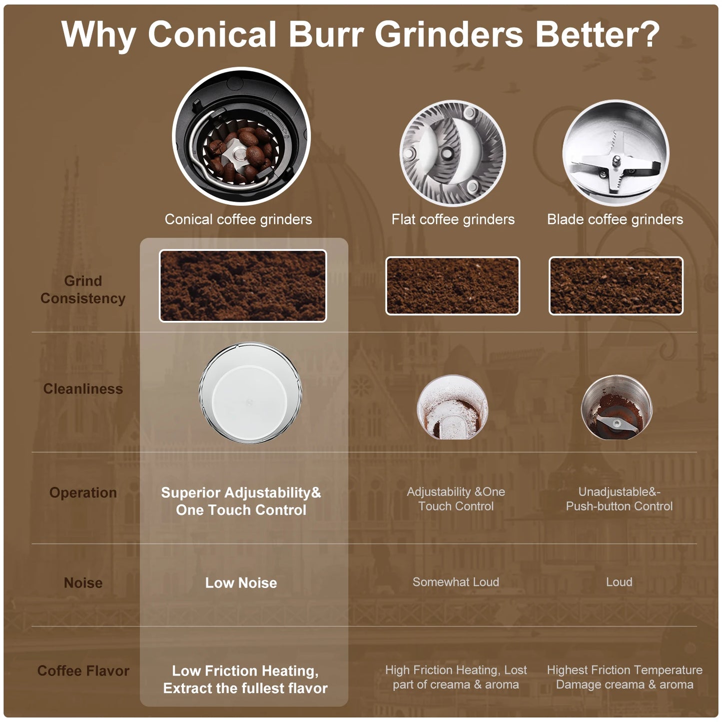BioloMix Electric Coffee Grinder with Magnetic Ring - 30 Precise Grind Settings for Espresso, American, and Pour Over Coffee, Au