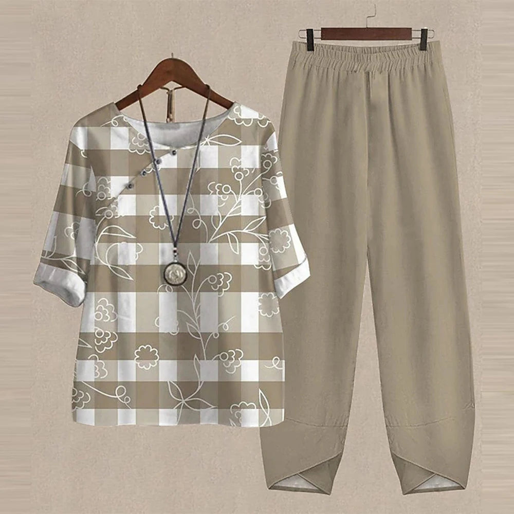 Summer 2 Piece Set Sleeve Shirt Top High Waist Pant