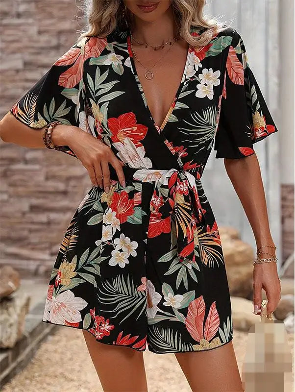 Vacation Wind Lotus Leaf Sleeves V-neck Belt