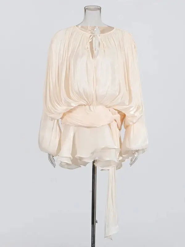 Solid Blouse Mini  V Neck Long Sleeve Spliced Lace Up Sweet Style Dress