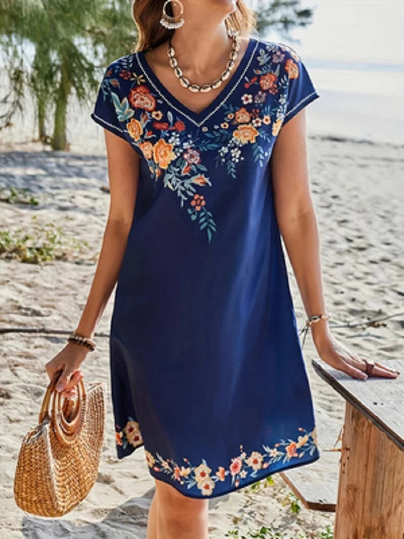 Bohemian Floral Print V-neck Slimming Short-sleeved Straight Dress