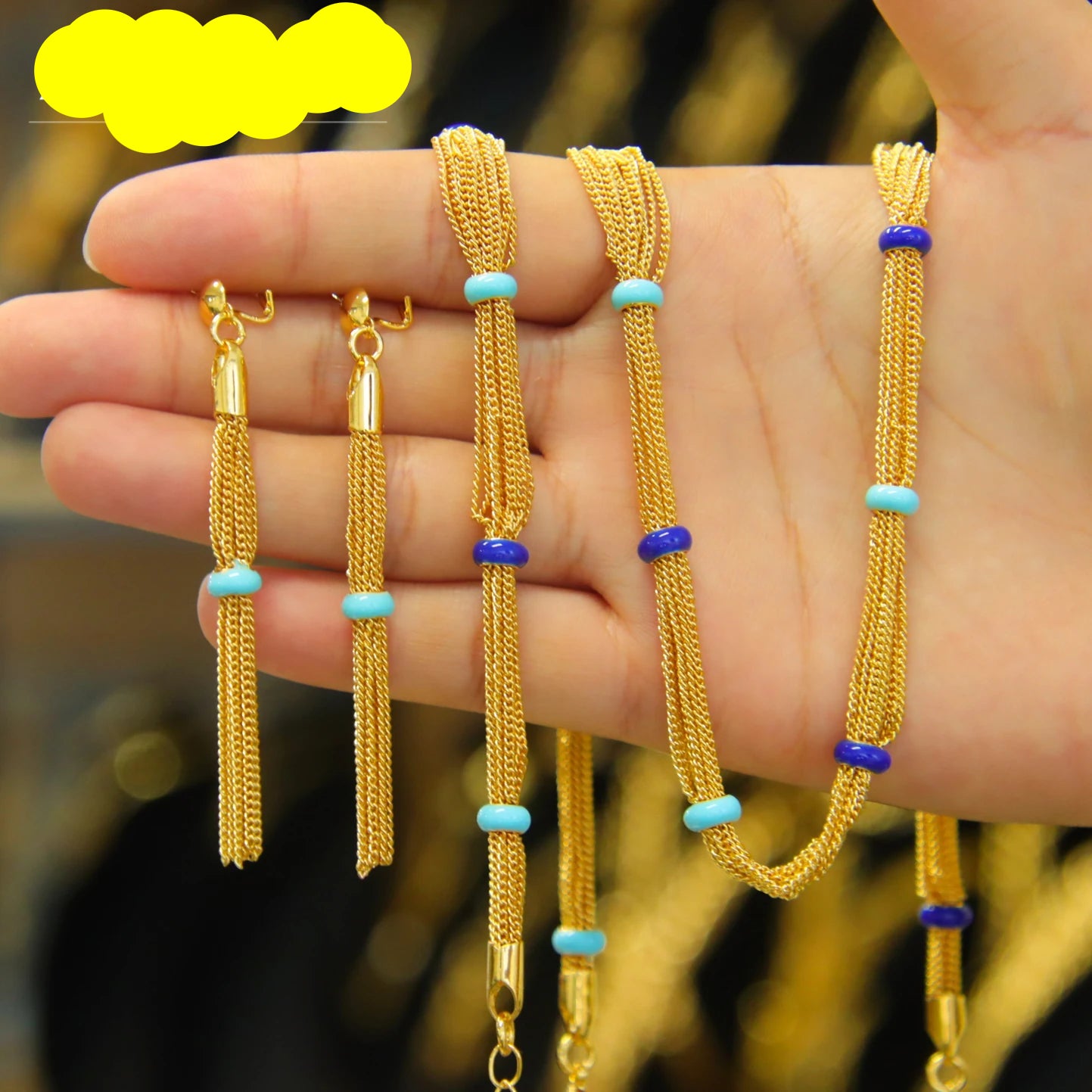 21k Gold Plated Multi Chains Necklace Bracelet Earrings
