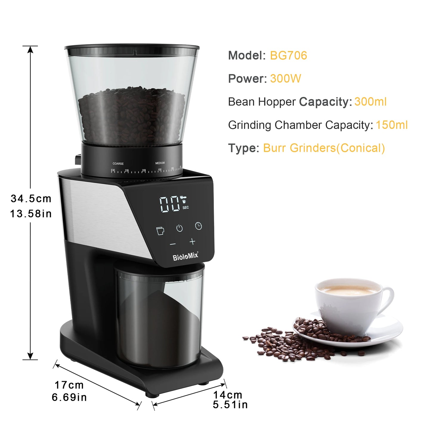 BioloMix Electric Coffee Grinder with Magnetic Ring - 30 Precise Grind Settings for Espresso, American, and Pour Over Coffee, Au