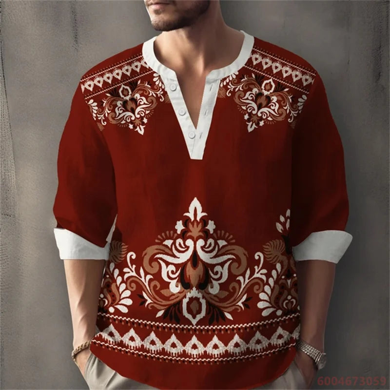 Long sleeved shirt for summer vacation, a color-blocked geometric print and Henley collar