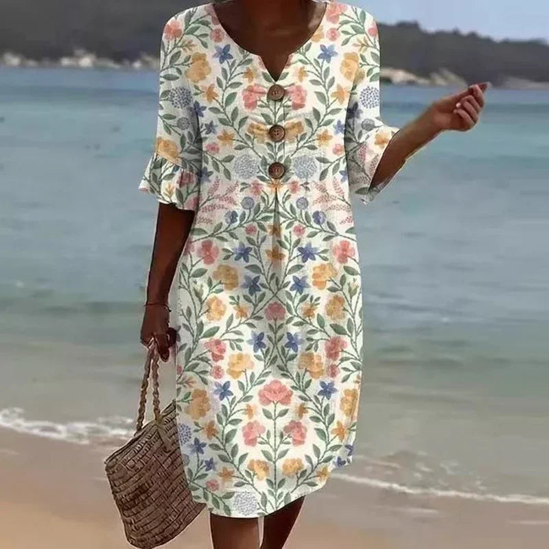 Elegant V Neck Half Sleeve Button Midi Holiday Dress