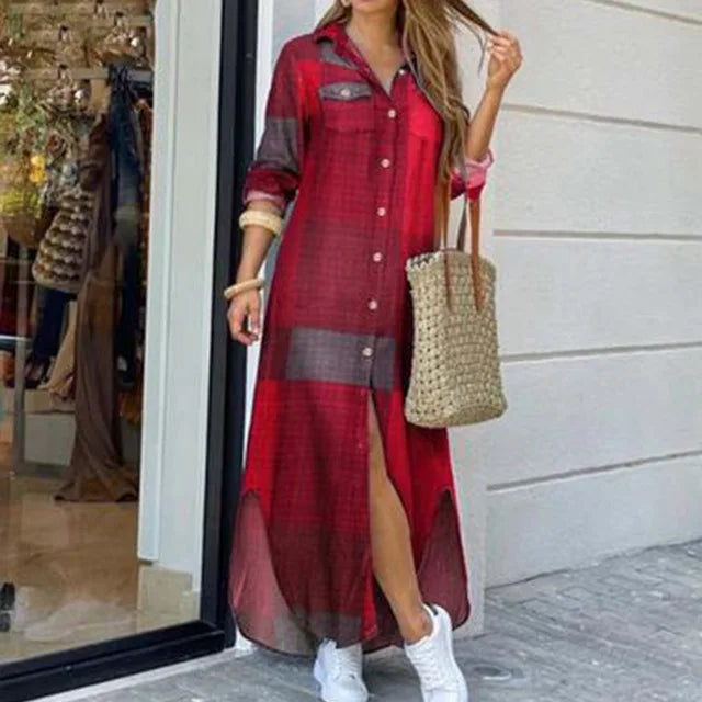 Long Sleeve  Pocket Button Print Shirts Dress