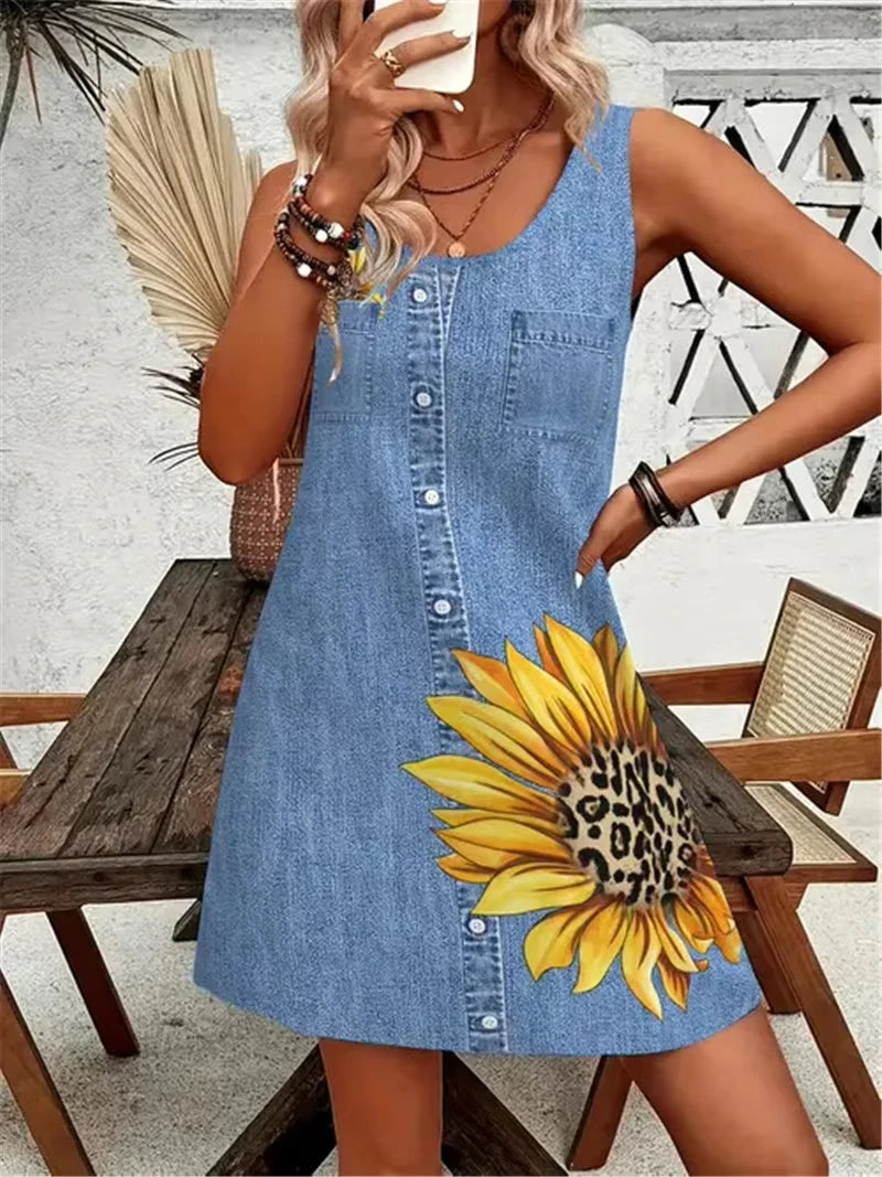 Fit Floral Sleeveless Crew Neck 3D Print Mock Pocket Dress Top