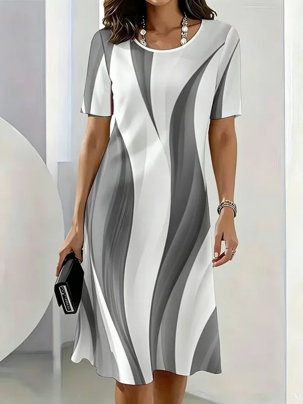 Gradient Striped Pattern Printed Short Sleeve O-Neck Dress