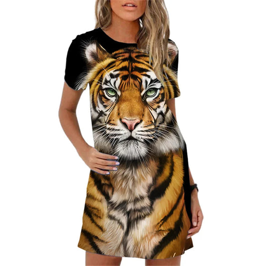Tiger Pattern Printing Short Sleeve  Summer  Mini Dress