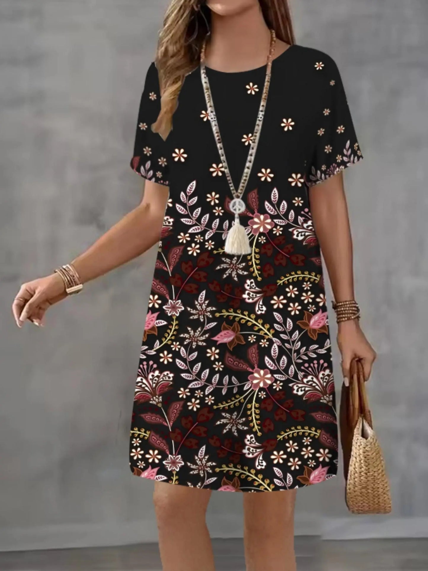 Floral Loose Vintage Sexy Elegant Befree Midi Short Sleeve Dress