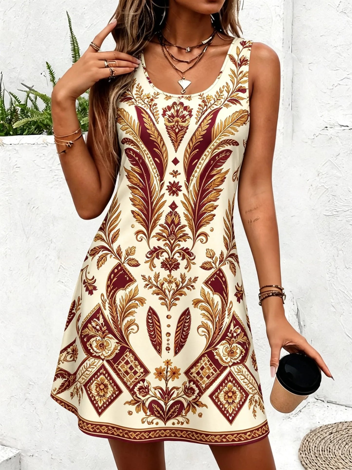 Women's Round Neck Sleeveless Vintage Fern Leaf Print Casual A-Line Mini Dress, Elegant Tank Dresses for Spring & Summer