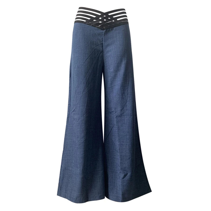 Fashionable Trendy Women's Hollowed Out Waist Belt High Waisted  Wide Leg Pants