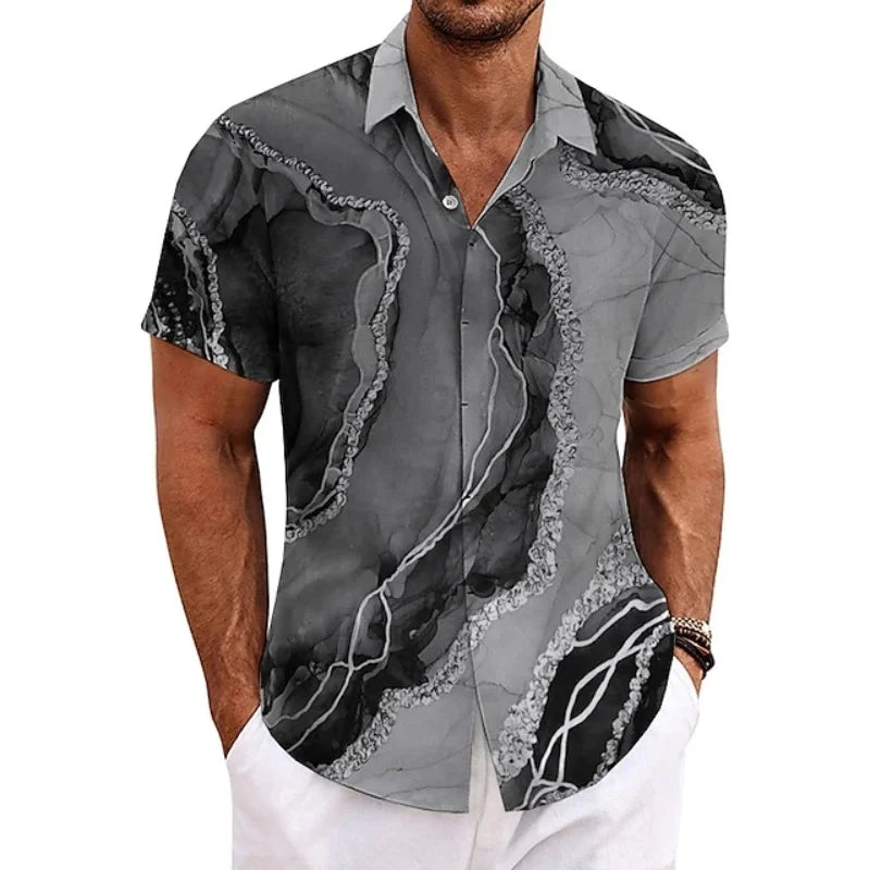 Men's Summer Patchwork Printed Button  Sleeve Shirt Tropical Vacation