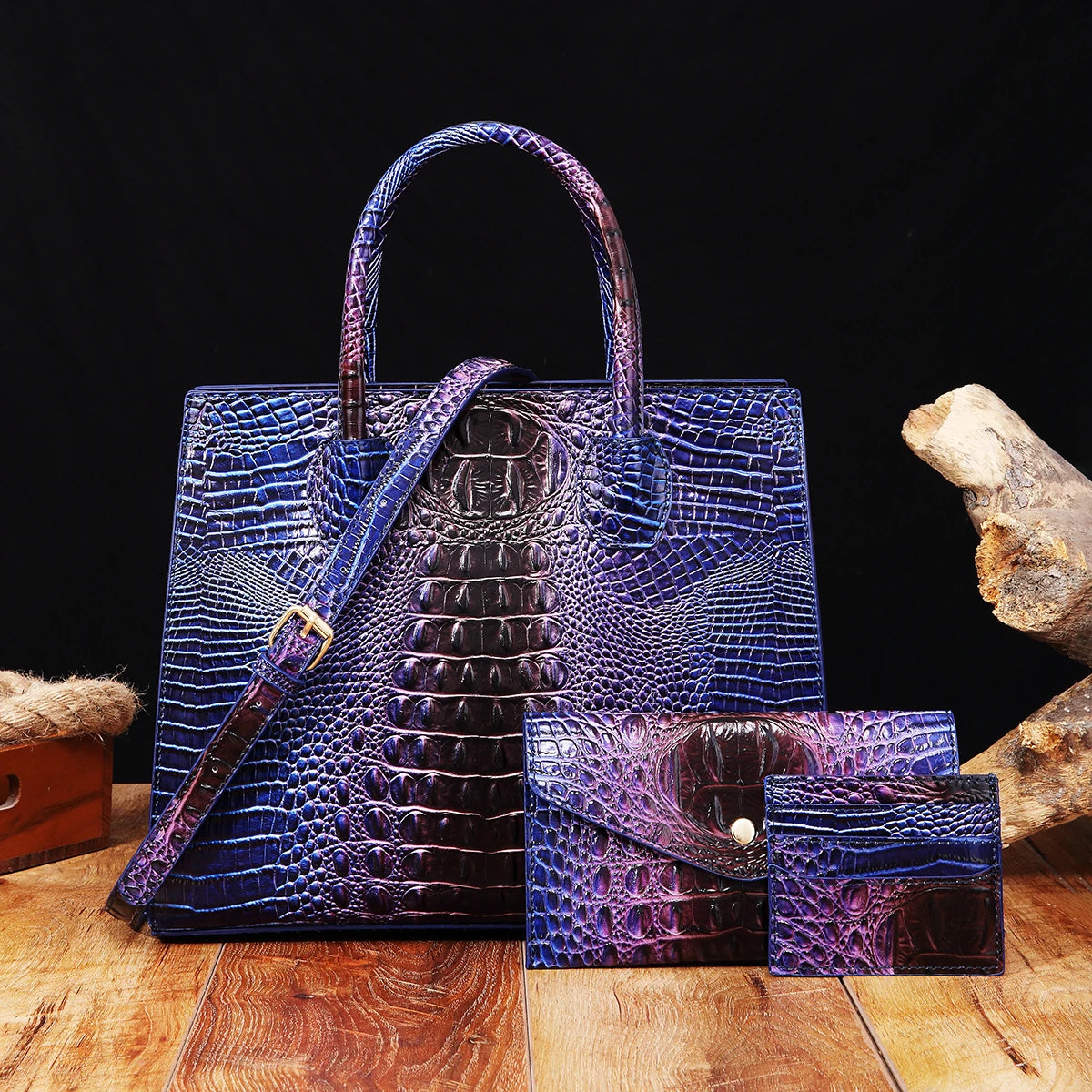 3 set Crocodile Pattern Handbag & Purses Set, Multi-functional Vintage Top Handle Crossbody Bag & Business Clutch Bag