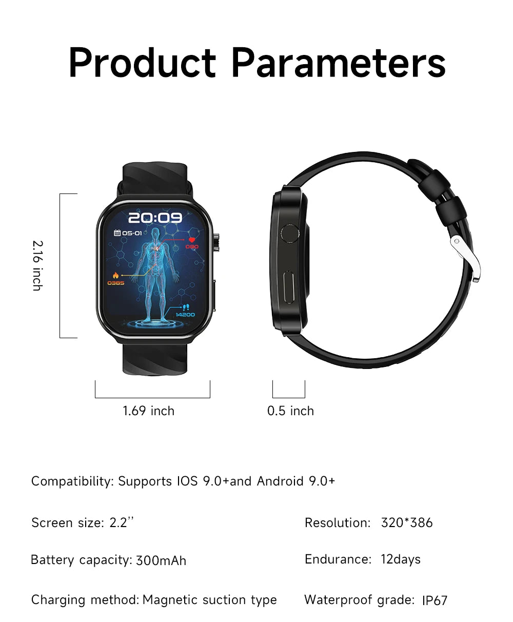 LIGE New AI Healthy Diagnosis Blood Lipids Uric Acid Smart Watch 2.2" Curved Screen Voice Bluetooth Call Health Smartwatch