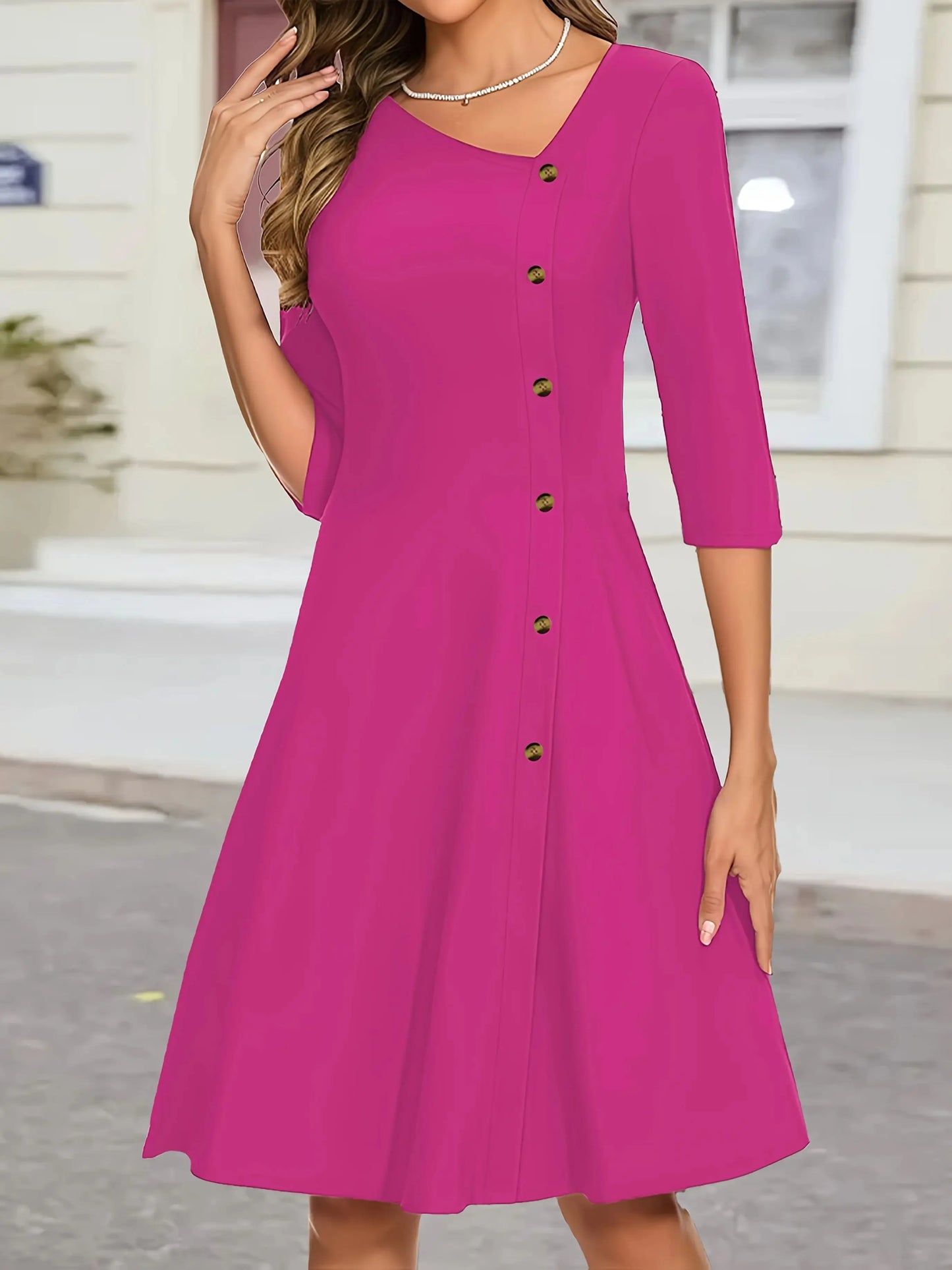 Elegant Solid Color Slanted V-Neck with Button Details