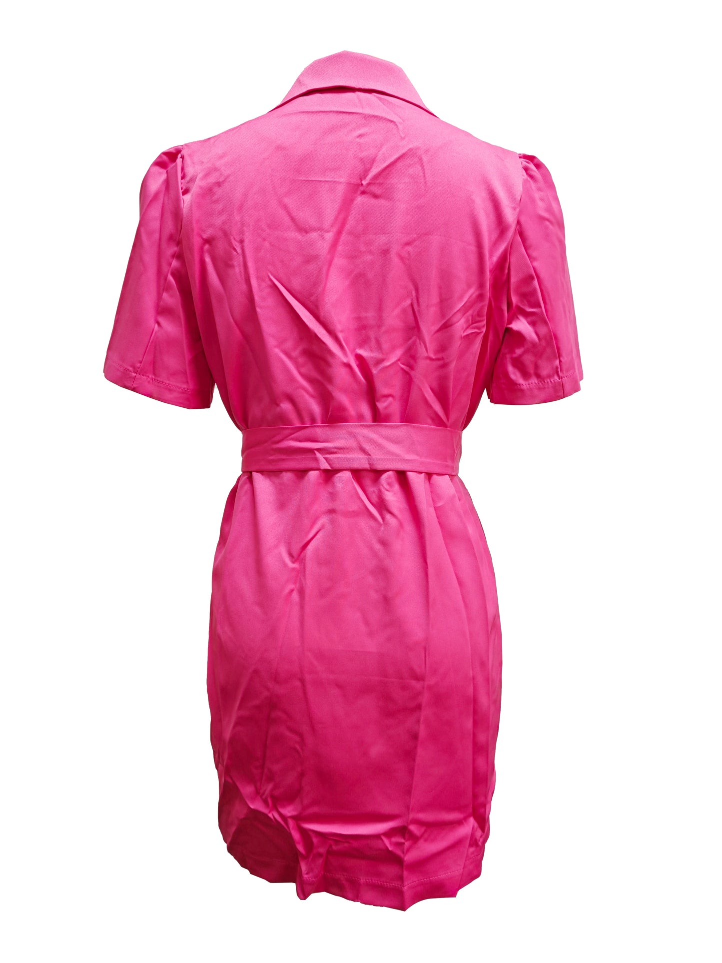 Midi V Neck Puff Sleeve Waist Ruched Button Dress