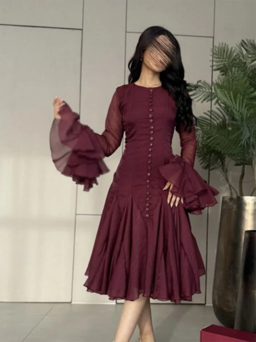 Pleated Patchwork Fashion Long Lantern Sleeve Waist Cinching Mini Dress