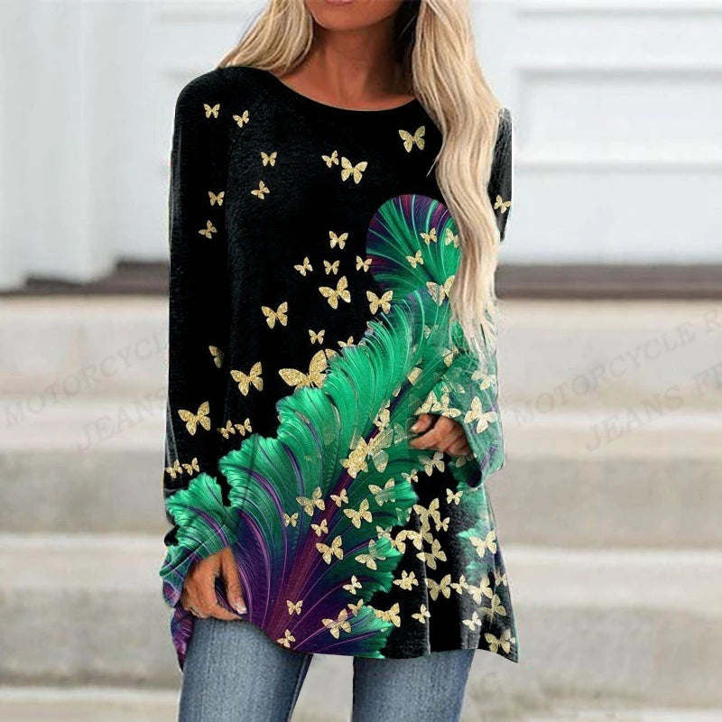 Plant Flowers T Shirt Long Sleeve Butterfly Tops