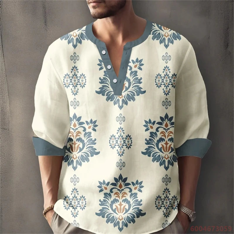 Long sleeved shirt for summer vacation, a color-blocked geometric print and Henley collar