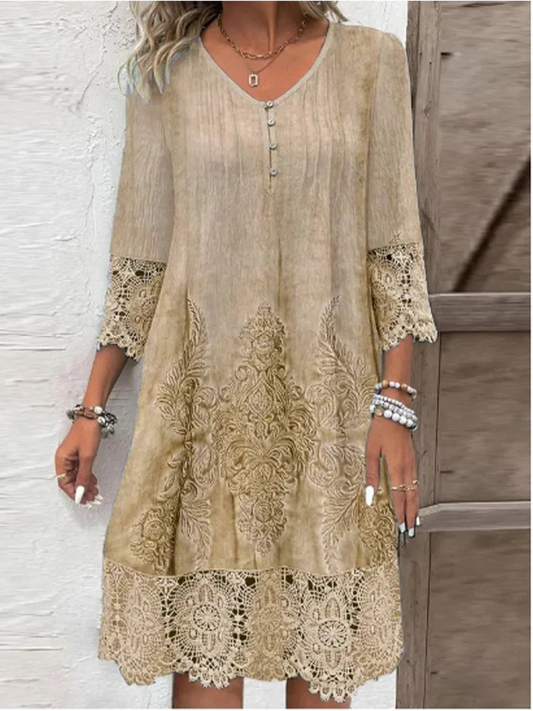 Short Sleeved Lace Printed Women's Dress Elegant Casual Fashionable