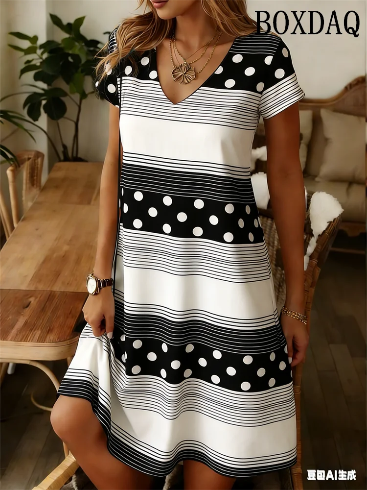 Elegant Fashion Polka Dot Striped Dress Summer Clothing Plus Size Casual V-Neck