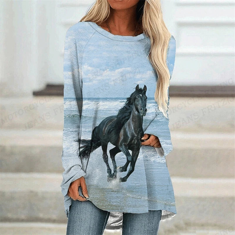 Horse T Shirt Long Sleeve Tops Tees Ladies