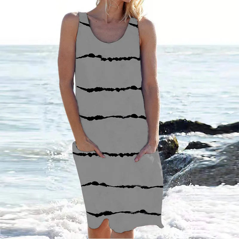 Stripe Print Pocket Sleeveless Knee Vacation And Party Dress