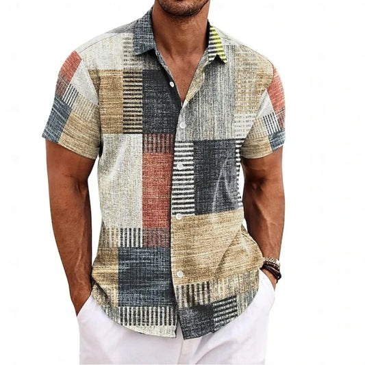 Men's Summer Patchwork Printed Button  Sleeve Shirt Tropical Vacation