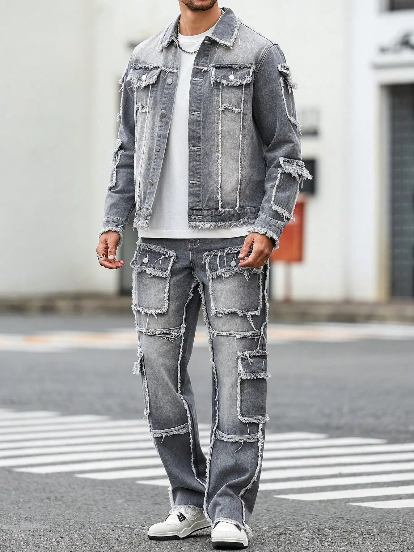 Men's Street Style Raw-Hem Grey Denim Set, a minimalist and fashionable two-piece