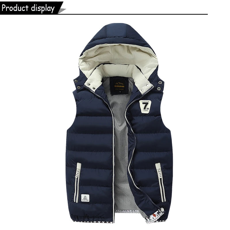 Sleeveless Warm Detachable Hooded Vest Jackets For MenSolid Color Outdoors Windproof