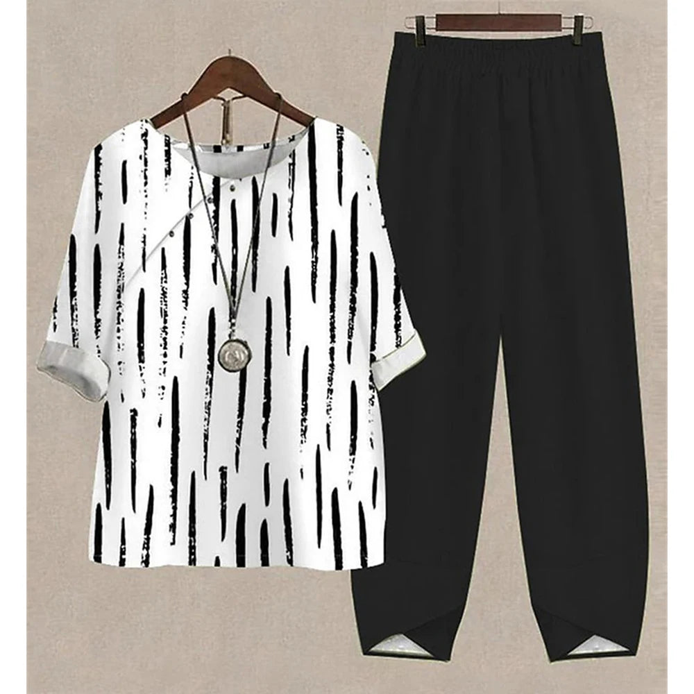 Summer 2 Piece Set Sleeve Shirt Top High Waist Pant