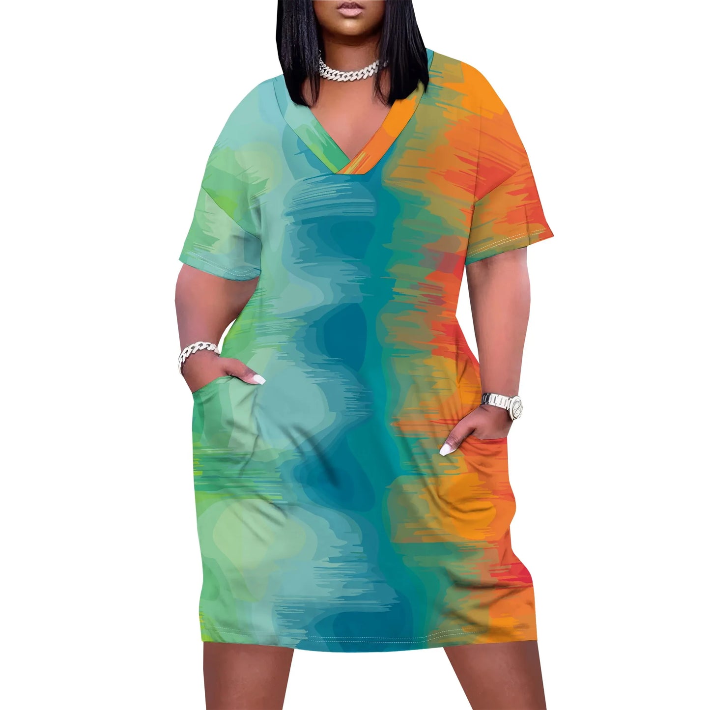V Neck Short Sleeve with Front Two Pockets Solid Color Oversize Dress