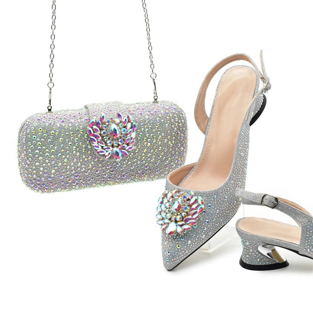 Luxury Designer Silver Italian Matching Shoes and Bag Set
