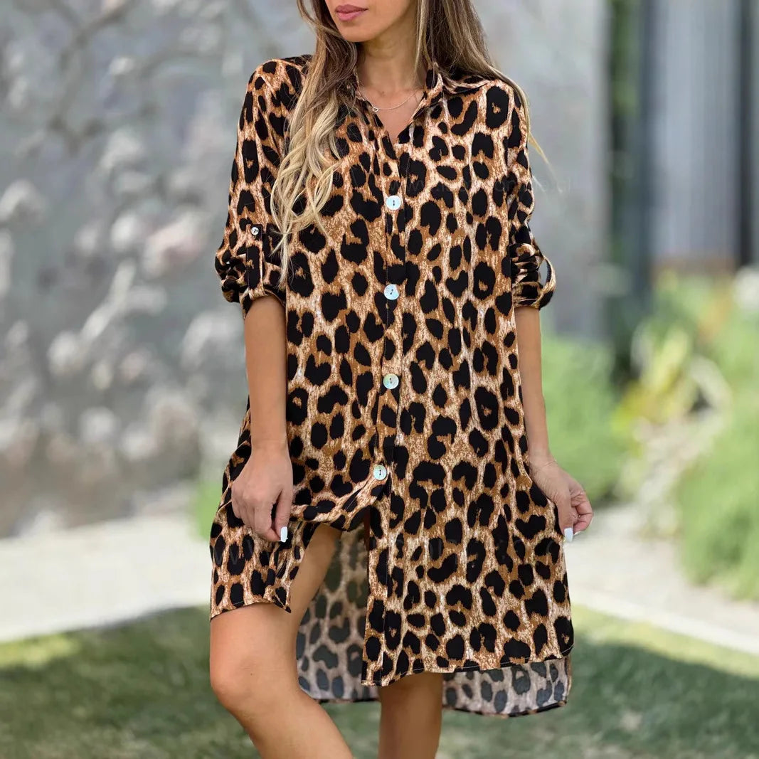 Leopard Print Shirt Dress Herbst Kleider Vestido Femininos