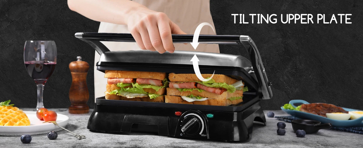 Electric Grill, Sandwich Maker, Non-Stick Coating, Temperature Regulator, 180º Opening, Bpa Free, 2000W