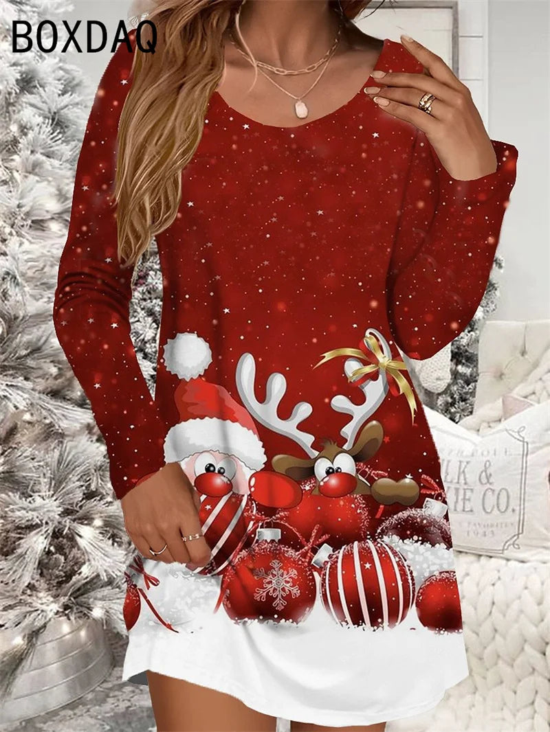 Christmas Snowflake Print Mini Dress Long Sleeve O-neck