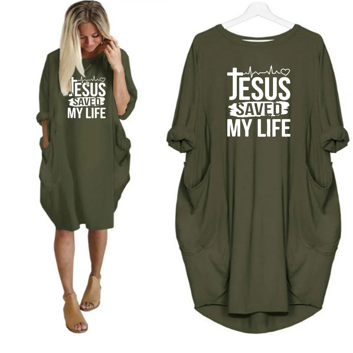 JESUS SAVED MYLIFE Print Round Neck Long Sleeve Pocket Comfortable Dress