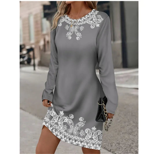 Round Neck Long Sleeved Plant Flower Printed Dress Vintage Gradient