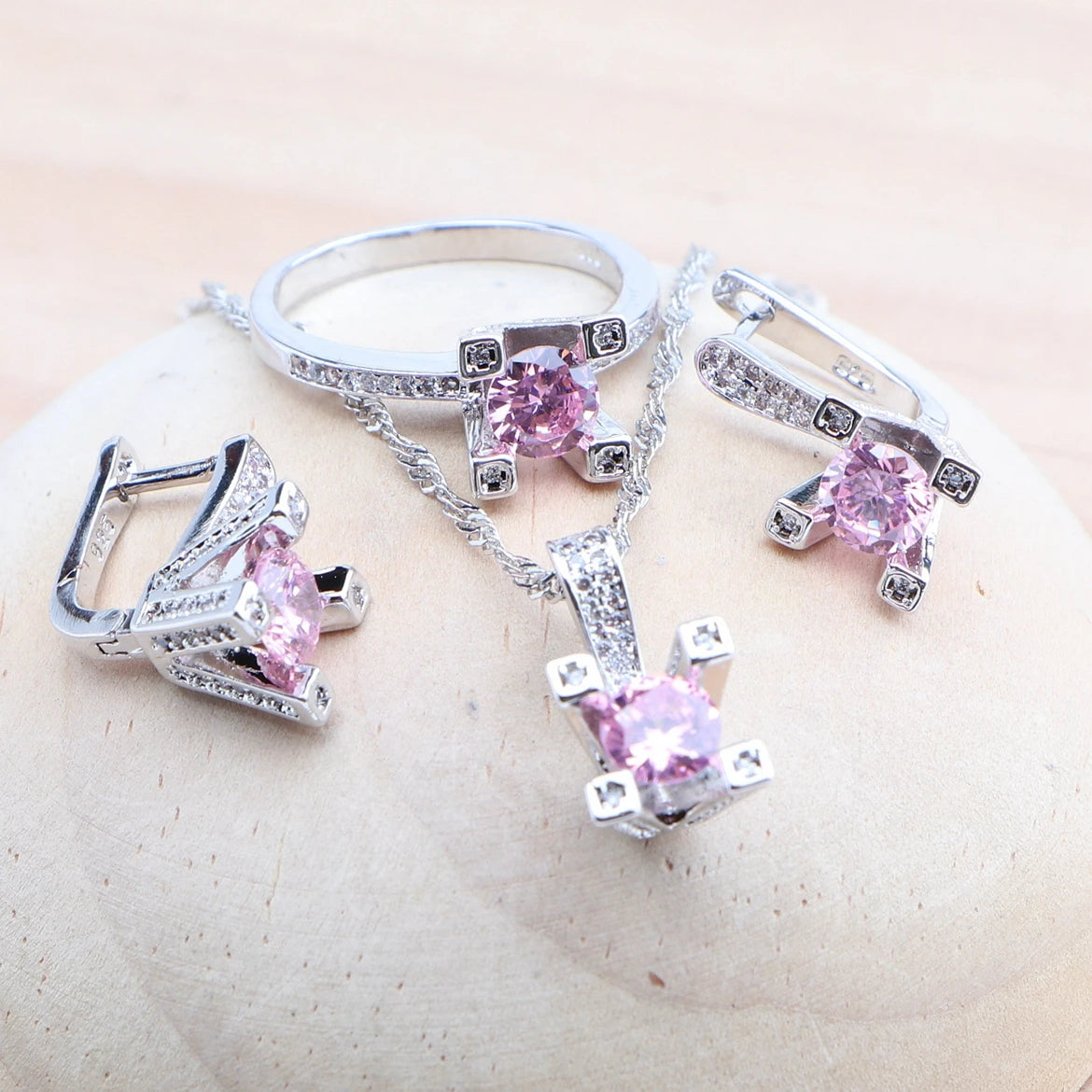 Pink Zircon Bridal Jewelry Sets For Women Bracelets Earrings Rings Pendant Wedding Necklace Set