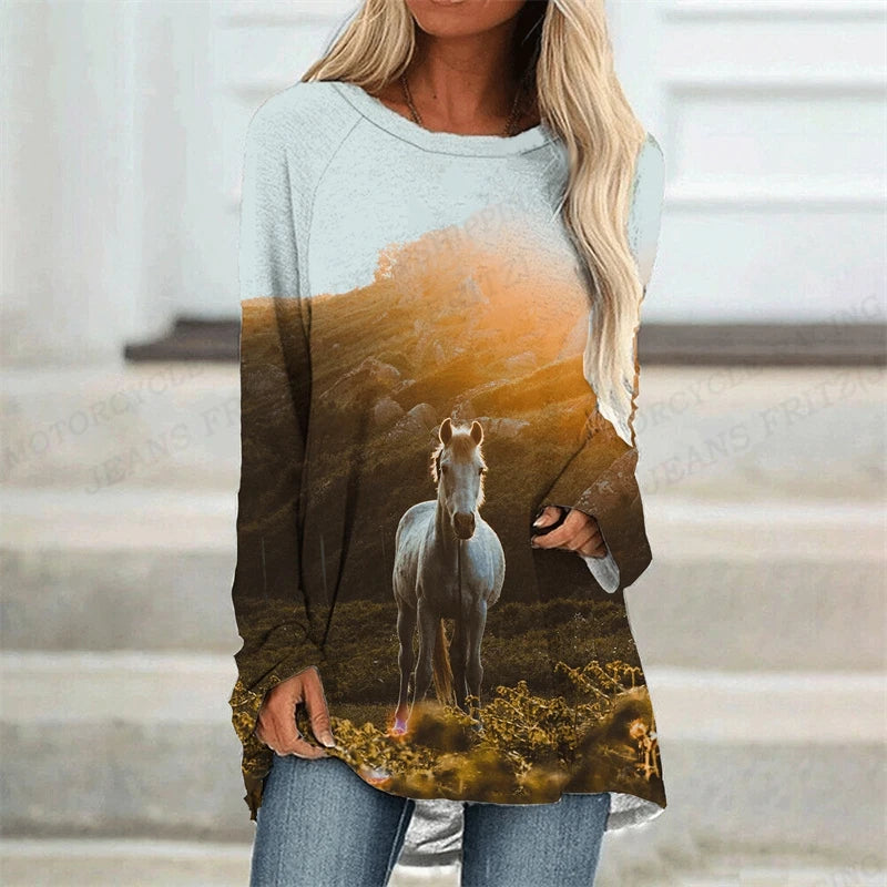 Horse T Shirt Long Sleeve Tops Tees Ladies