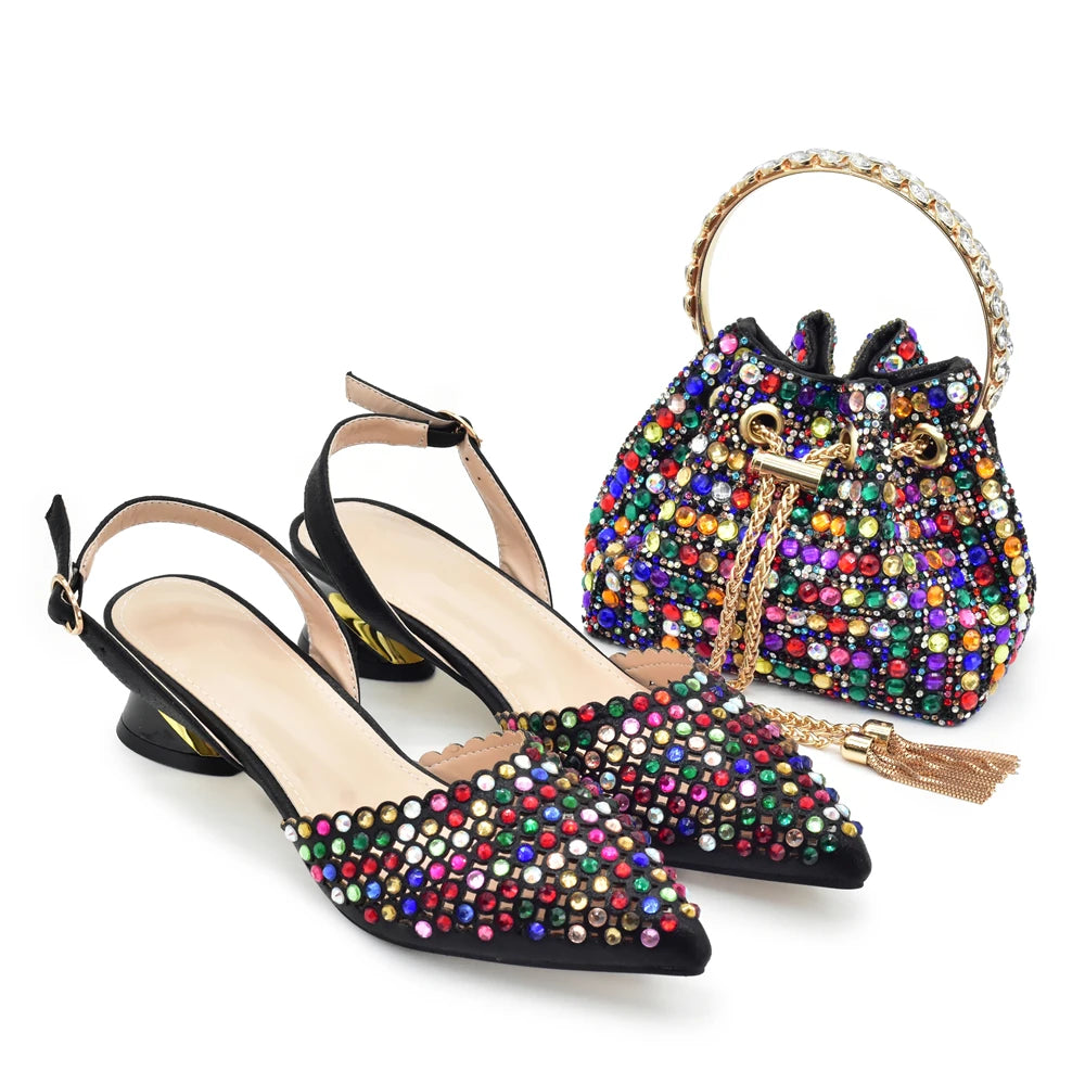 Italian Shoes with Matching Bags Set Decorated with Rhinestone